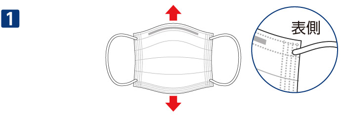 1.鼻当て部を上側に持ち、プリーツを開いてマスクを立体にします。